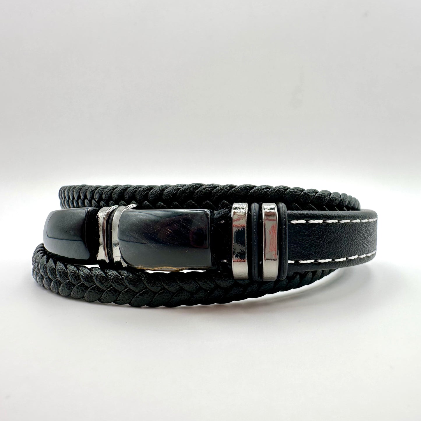 Herren-Armband „Obsidian Multi-Layer“ in Schwarz & Chrom