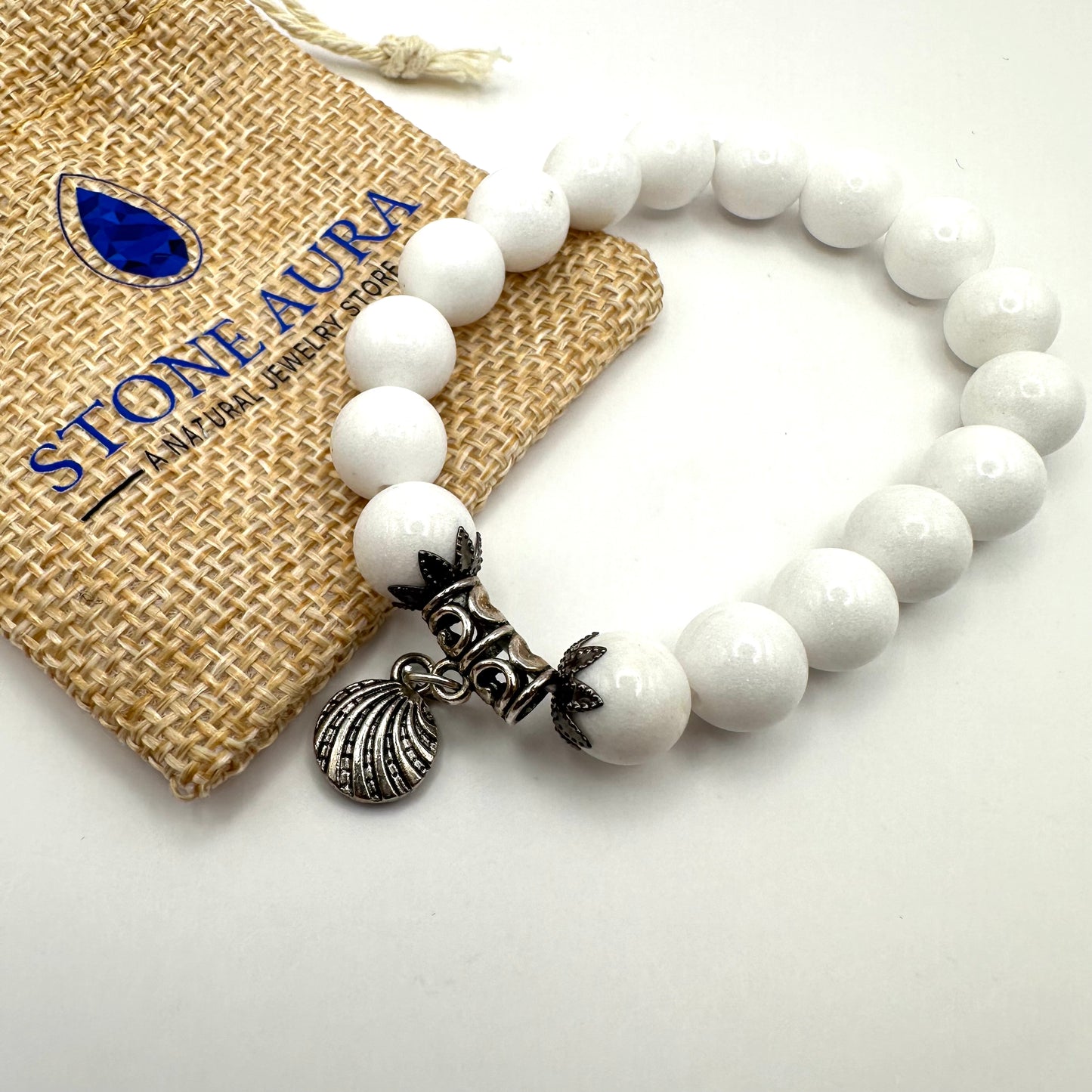 Weißer Nephrit Armband mit Muschel
