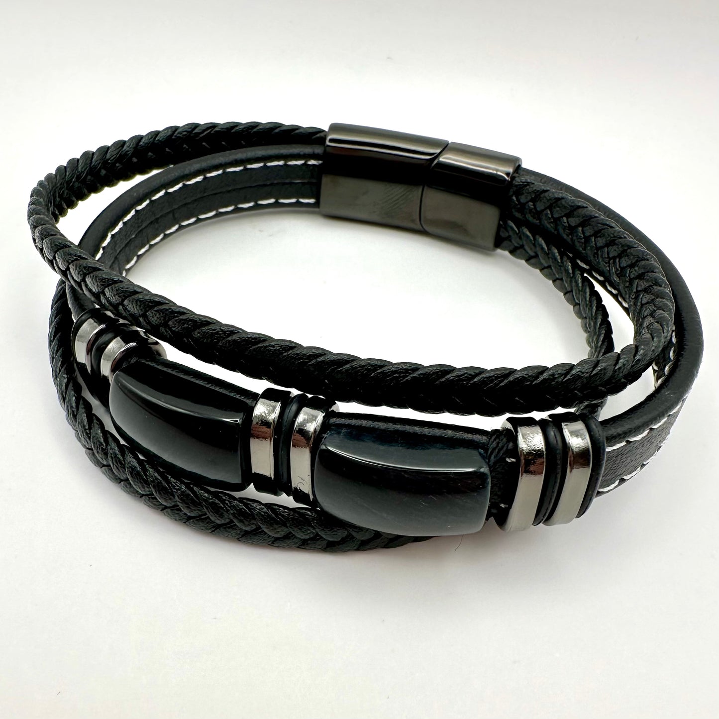 Herren-Armband „Obsidian Multi-Layer“ in Schwarz & Chrom