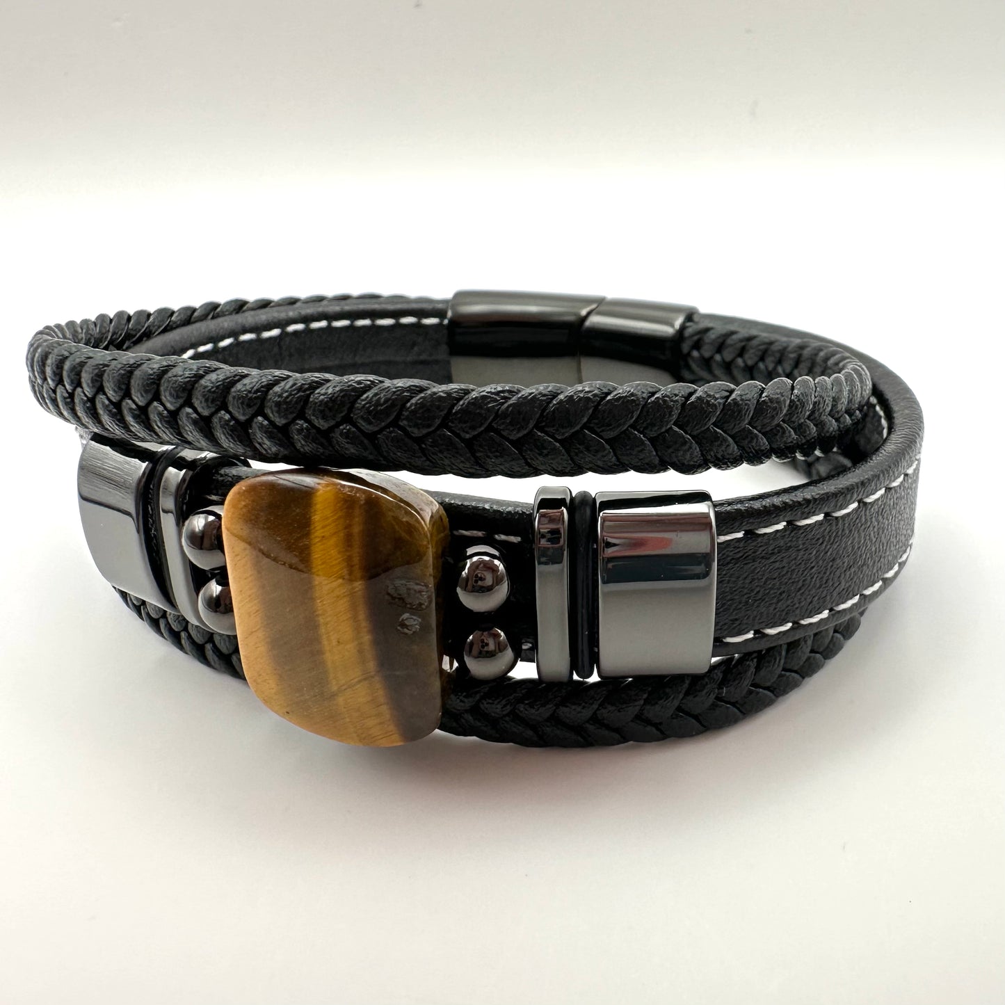 Herren-Lederarmband mit großem Tigerauge
