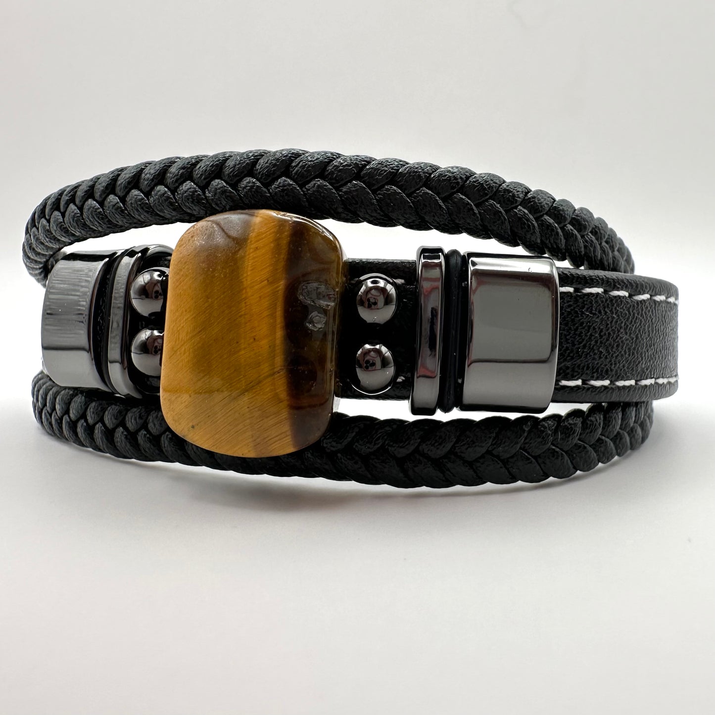 Herren-Lederarmband mit großem Tigerauge