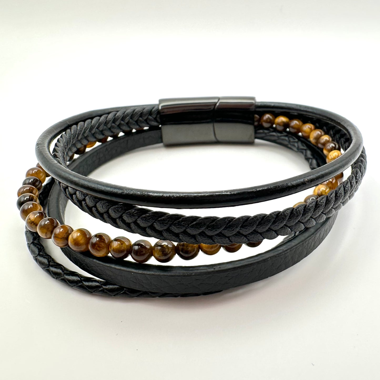 Mehrlagiges Lederarmband mit Tigerauge-Perlen