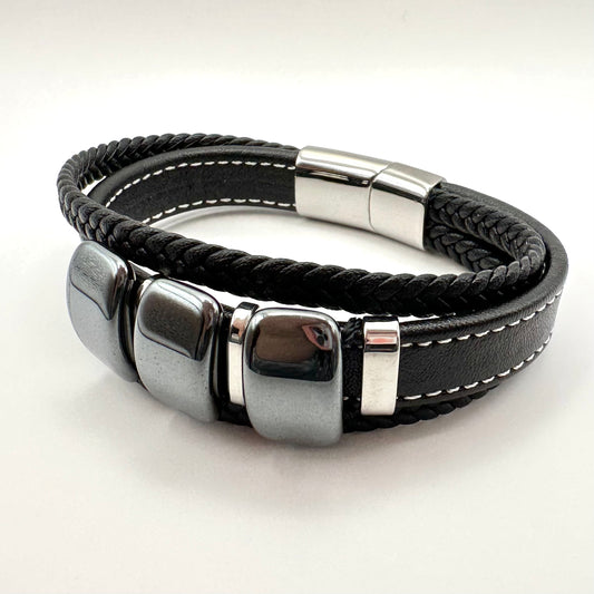 Herren-Lederarmband Hematit mit massiven Edelstahl-Elementen