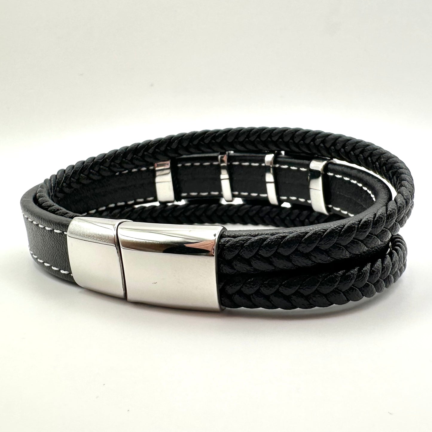 Herren-Lederarmband Hematit mit massiven Edelstahl-Elementen