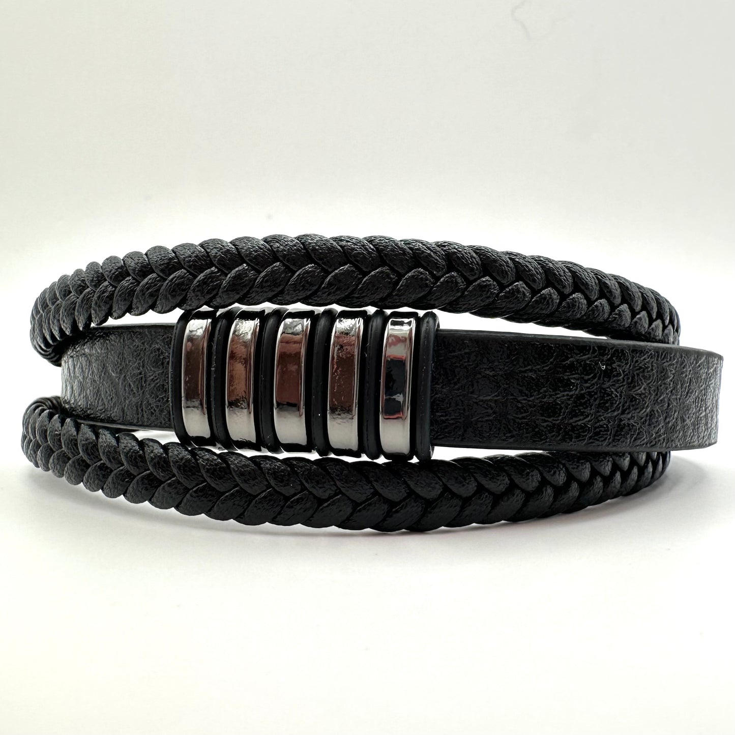 Herren-Lederarmband Hematit  mit markanten Edelstahl-Zylindern
