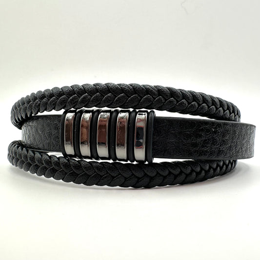 Herren-Lederarmband Hematit  mit markanten Edelstahl-Zylindern