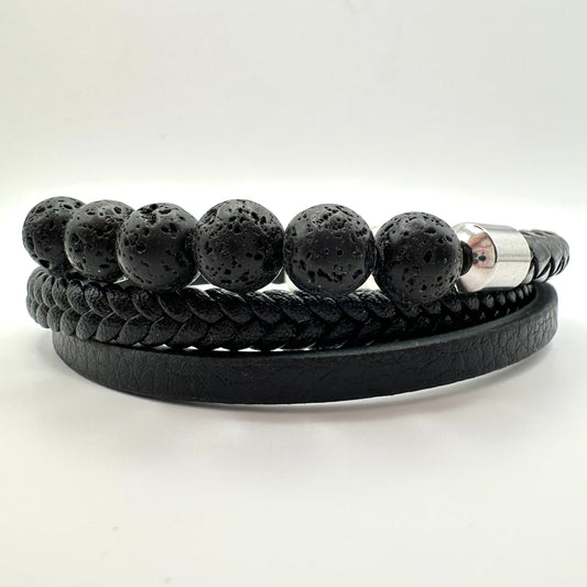 Herren-Lederarmband mit Lavastein-Perlen