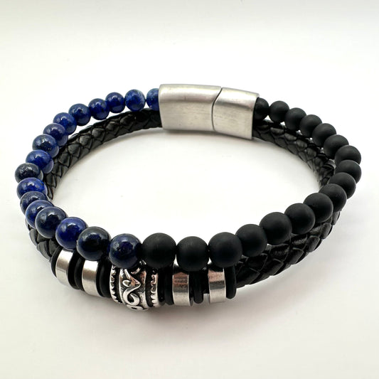 Herren-Lederarmband mit Lapislazuli und mattem Onyx