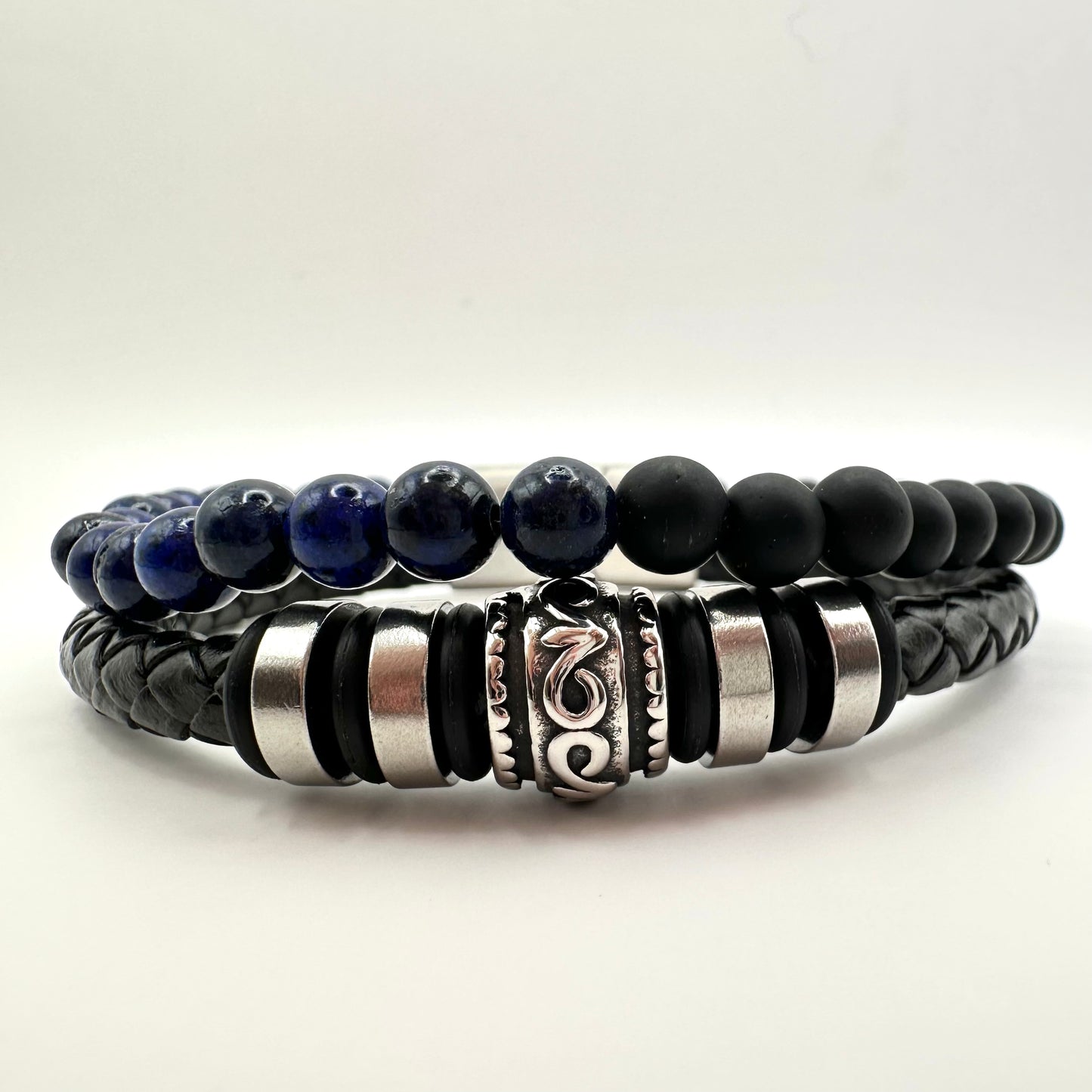 Herren-Lederarmband mit Lapislazuli und mattem Onyx