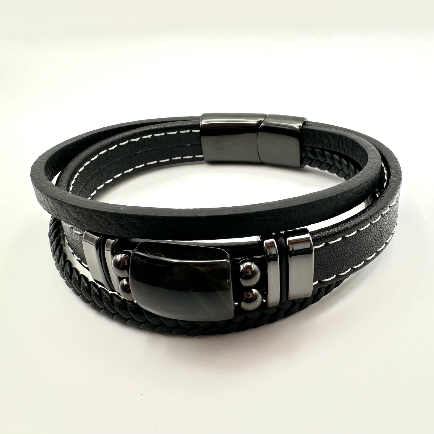 Herren-Lederarmband mit Obsidian-Statement