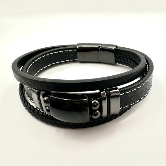 Herren-Lederarmband mit Obsidian-Statement