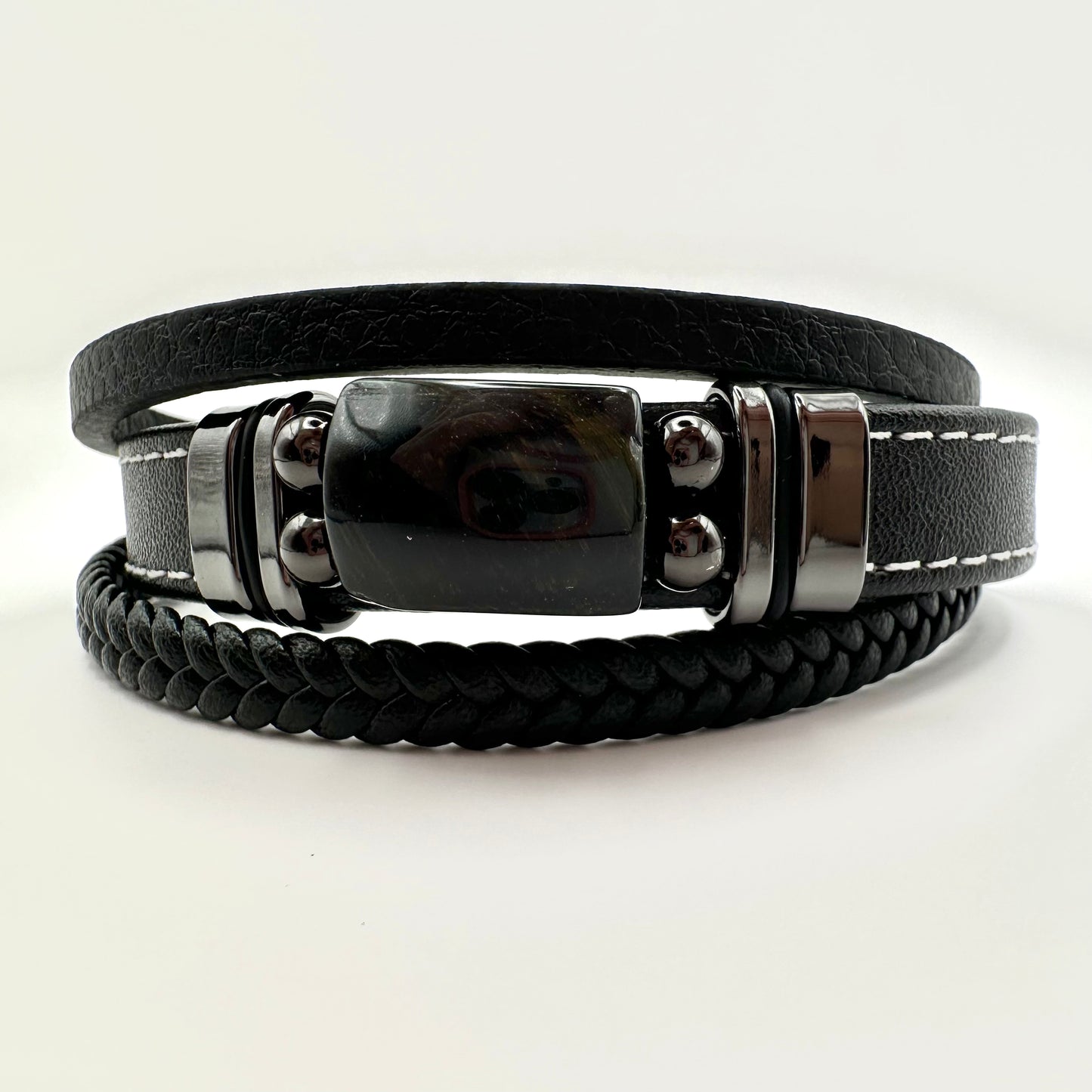 Herren-Lederarmband mit Obsidian-Statement