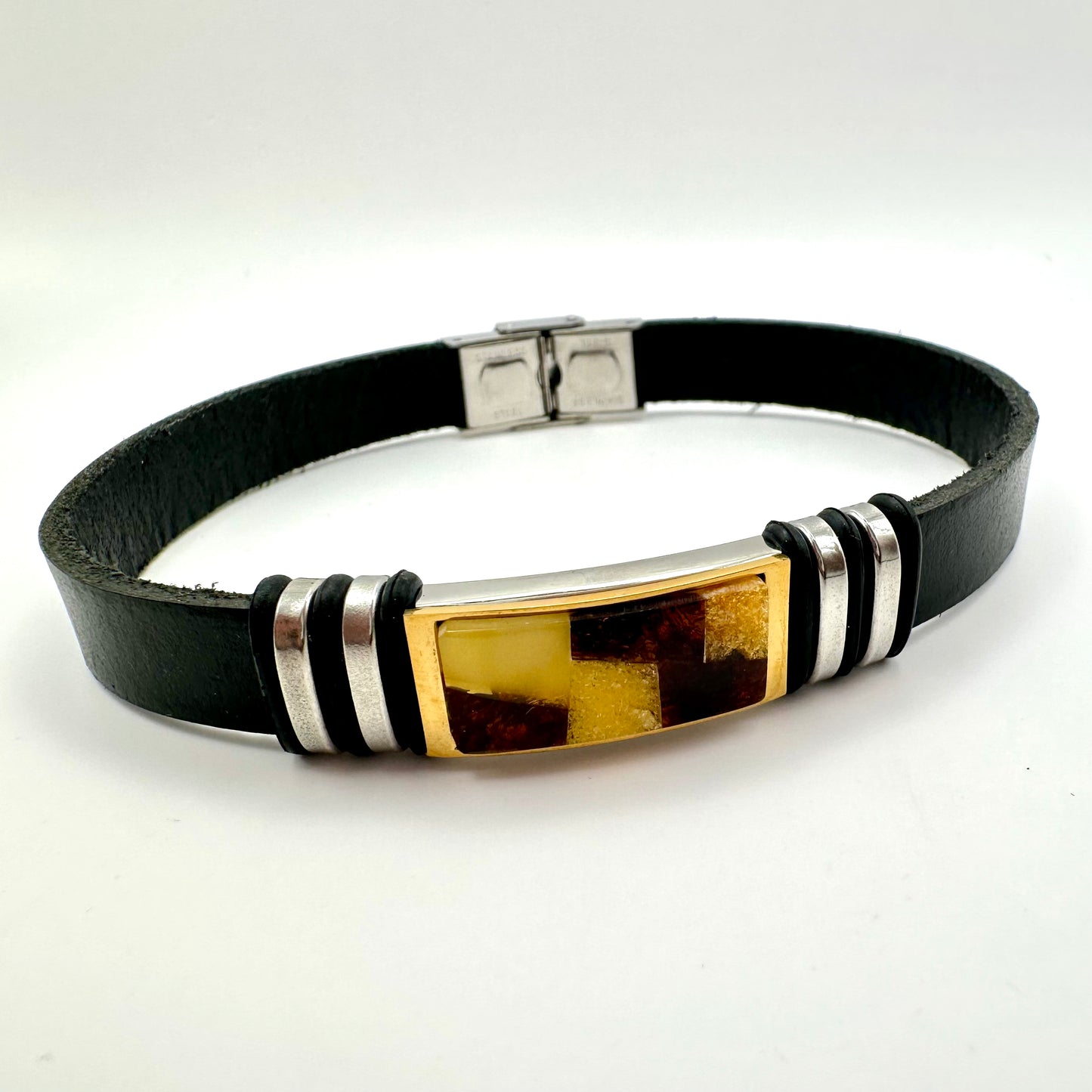 Herren-Lederarmband mit Bernstein-Mosaik