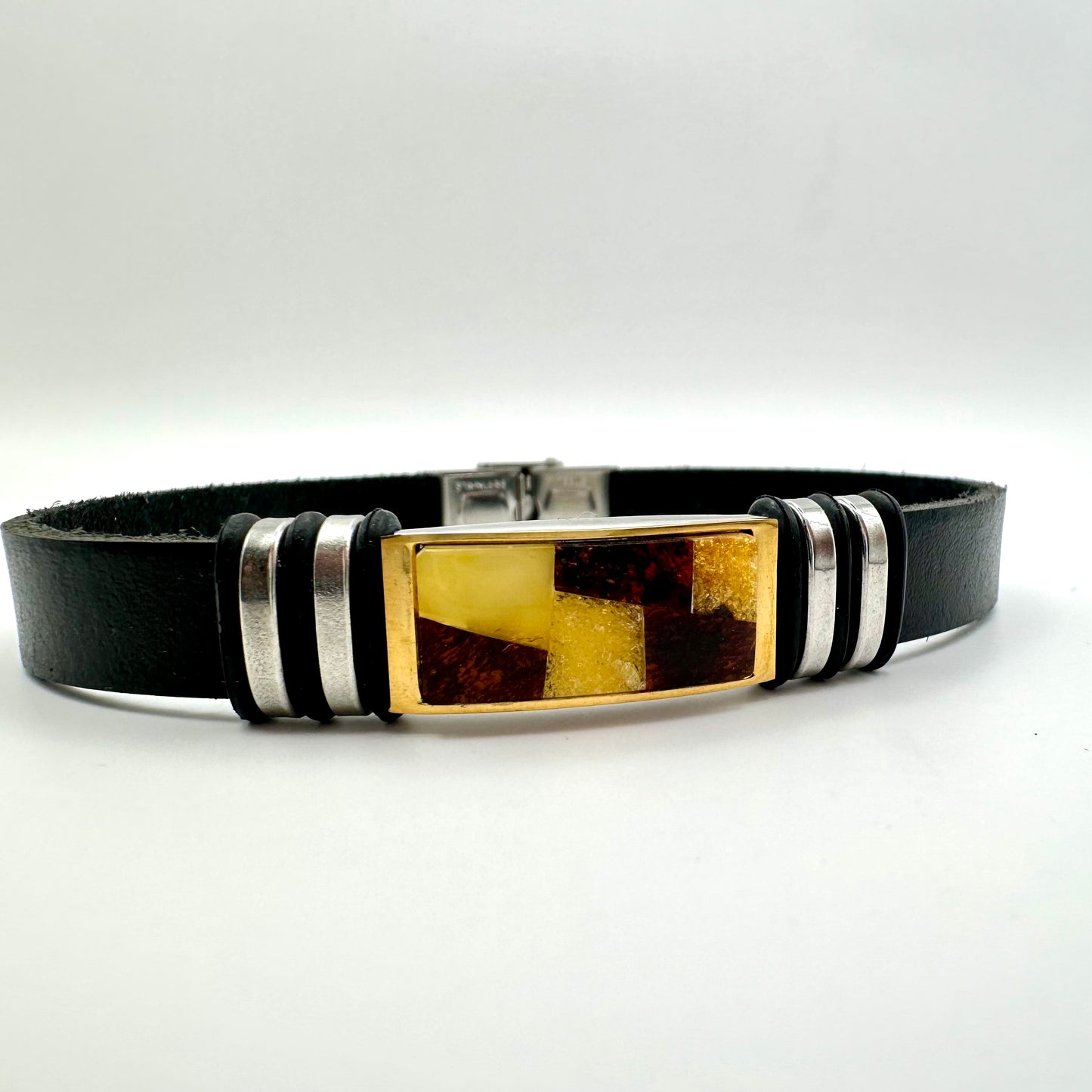 Herren-Lederarmband mit Bernstein-Mosaik