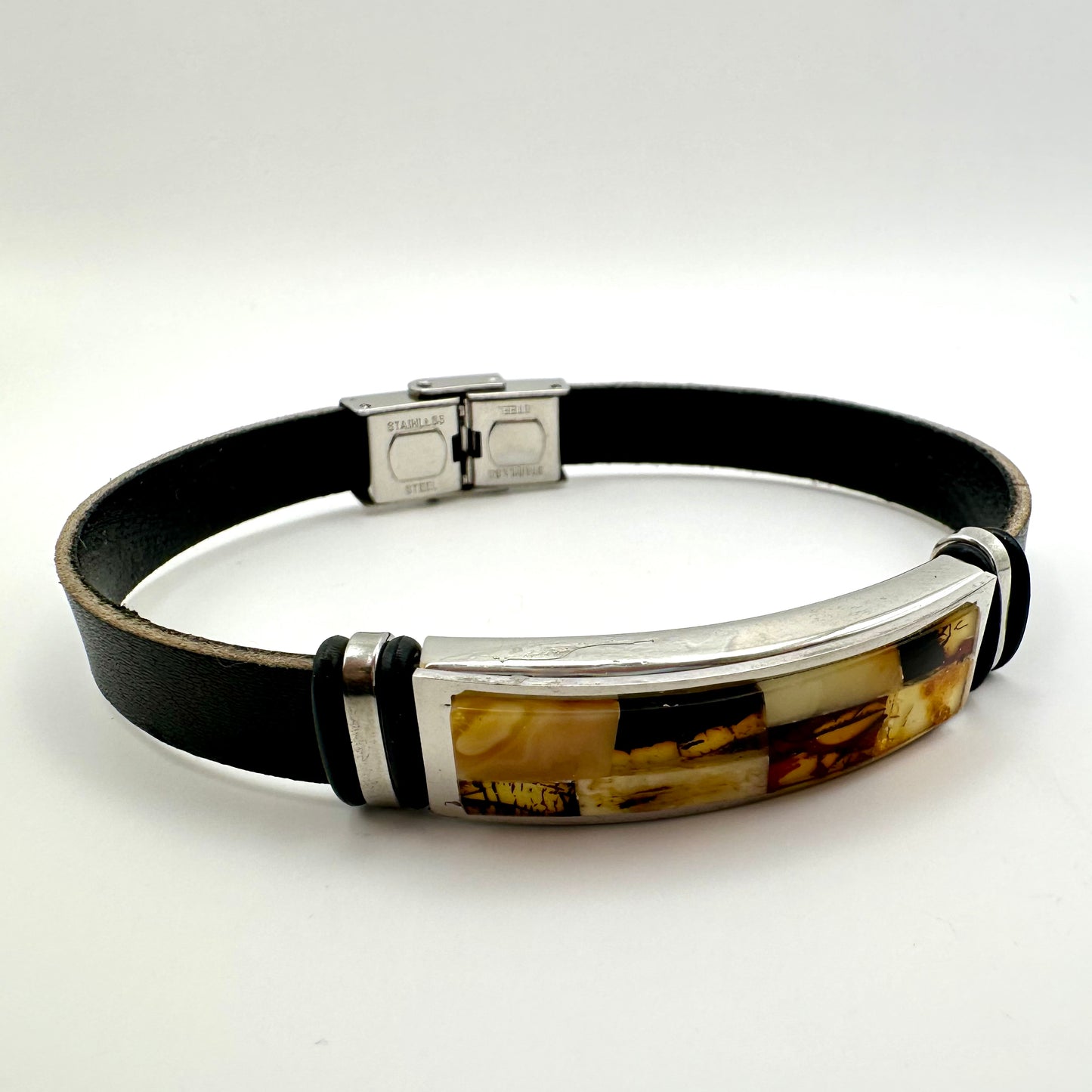 Herren-Lederarmband mit Bernstein-Mosaik (Gold-Finish)