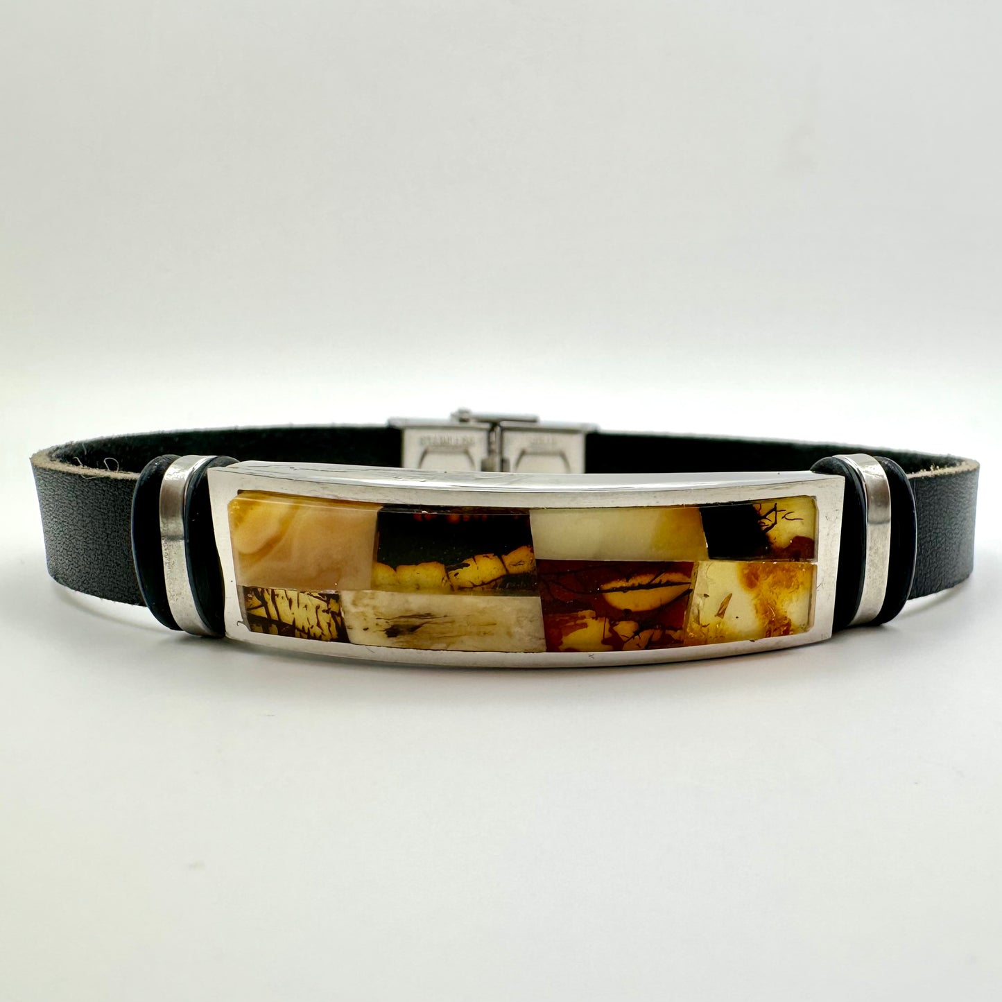 Herren-Lederarmband mit Bernstein-Mosaik (Gold-Finish)