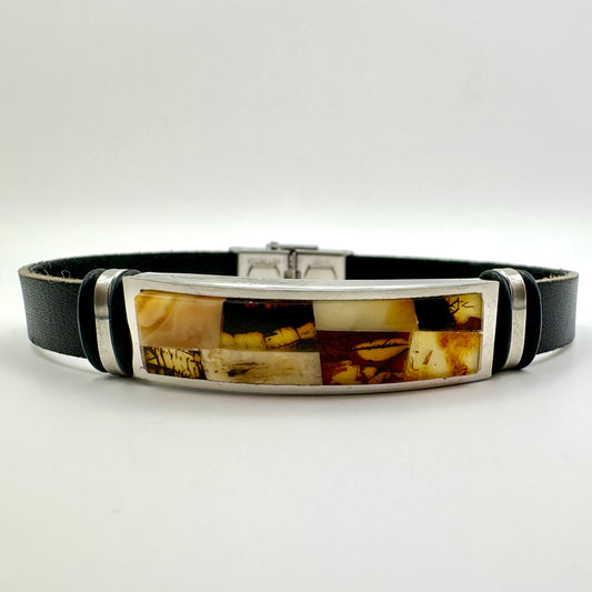 Herren-Lederarmband mit Bernstein-Mosaik (Gold-Finish)